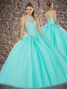 Fine Aqua Blue Tulle Lace Up Halter Top Sleeveless Quinceanera Dresses Sweep Train Beading and Appliques