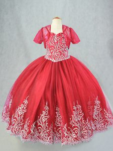 Red Ball Gowns Beading and Embroidery Kids Pageant Dress Lace Up Tulle Sleeveless Floor Length