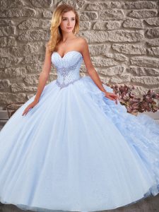 Sumptuous Lavender Ball Gowns Sweetheart Sleeveless Organza and Tulle Court Train Lace Up Beading and Ruffles Sweet 16 Q