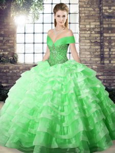 Captivating Green Lace Up Ball Gown Prom Dress Beading and Ruffled Layers Sleeveless Brush Train