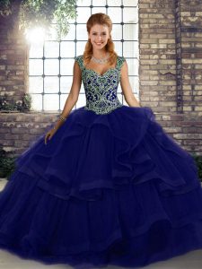 New Style Purple Tulle Lace Up Quince Ball Gowns Sleeveless Floor Length Beading and Ruffles