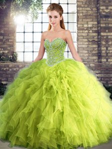 Exceptional Tulle Sweetheart Sleeveless Lace Up Beading and Ruffles Quinceanera Dress in Yellow Green