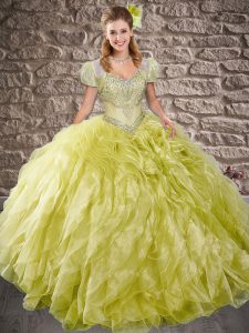 Romantic Olive Green Sweet 16 Dress Organza Sweep Train Sleeveless Beading and Ruffles