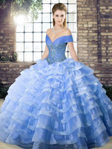 Fine Sleeveless Organza Brush Train Lace Up Sweet 16 Quinceanera Dress in Blue with Beading and Ruffled Layers