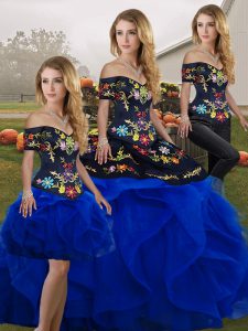 Royal Blue Three Pieces Off The Shoulder Sleeveless Tulle Floor Length Lace Up Embroidery and Ruffles Sweet 16 Quinceane