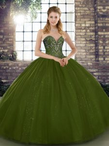 Simple Olive Green Lace Up Sweetheart Beading Quinceanera Dress Tulle Sleeveless