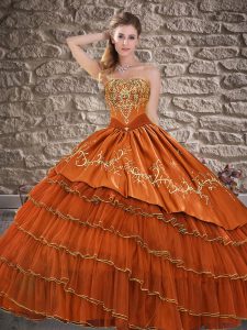 Smart Sleeveless Organza Floor Length Lace Up Quinceanera Dresses in Orange Red with Embroidery and Ruffled Layers