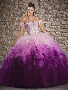 Stunning Multi-color Sleeveless Beading and Ruffles Lace Up Ball Gown Prom Dress