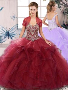 Burgundy Ball Gowns Off The Shoulder Sleeveless Tulle Floor Length Lace Up Beading and Ruffles Quinceanera Gown