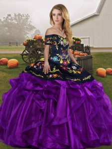 Fashion Black And Purple Organza Lace Up Off The Shoulder Sleeveless Floor Length 15 Quinceanera Dress Embroidery and Ru
