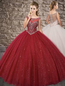 Artistic Wine Red Ball Gowns Off The Shoulder Sleeveless Tulle Floor Length Zipper Beading Quince Ball Gowns
