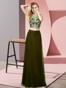 Hot Selling Olive Green Sleeveless Beading Floor Length Prom Evening Gown