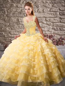 Noble Gold Ball Gowns Beading and Ruffled Layers Quinceanera Gown Lace Up Organza Sleeveless