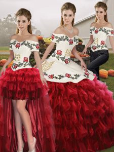 Cheap Off The Shoulder Sleeveless Organza Quinceanera Gown Embroidery and Ruffled Layers Lace Up