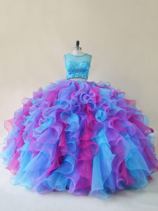 Romantic Beading and Ruffles 15 Quinceanera Dress Multi-color Lace Up Sleeveless Floor Length
