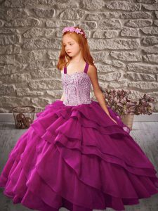 Dazzling Fuchsia Organza Lace Up Straps Sleeveless Floor Length Little Girls Pageant Dress Wholesale Beading and Ruffled