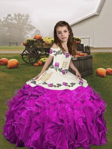 Sleeveless Floor Length Embroidery and Ruffles Lace Up Girls Pageant Dresses with Fuchsia