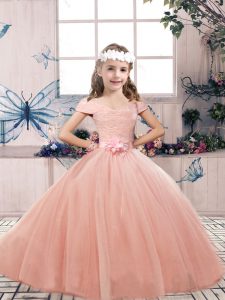 High Class Sleeveless Lace Up Floor Length Lace and Belt Kids Formal Wear