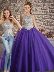Purple Two Pieces Scoop Sleeveless Tulle Brush Train Backless Beading Ball Gown Prom Dress