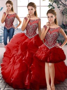 Comfortable Red Scoop Lace Up Beading and Ruffles Quinceanera Gown Sleeveless