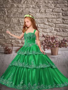 Most Popular Straps Sleeveless Little Girl Pageant Dress Brush Train Appliques and Ruffled Layers Green Satin