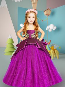 Ball Gowns Little Girls Pageant Dress Wholesale Purple Scoop Satin and Tulle Sleeveless Floor Length Lace Up