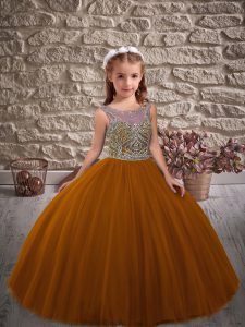High Class Scoop Sleeveless Tulle Little Girls Pageant Dress Wholesale Beading Sweep Train Lace Up