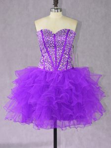 Extravagant Purple Lace Up Homecoming Dress Beading and Ruffles Sleeveless Mini Length