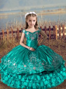Inexpensive Turquoise Off The Shoulder Lace Up Embroidery and Ruffled Layers Child Pageant Dress Sleeveless