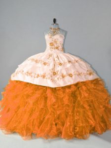 Luxurious Floor Length Orange Sweet 16 Quinceanera Dress Halter Top Sleeveless Court Train Lace Up