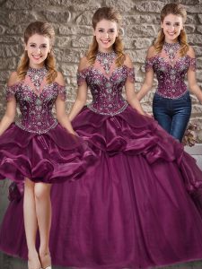 Low Price Dark Purple Sleeveless Organza Lace Up Quinceanera Dress for Military Ball and Sweet 16 and Quinceanera