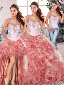 Watermelon Red Scoop Neckline Beading and Ruffles Quince Ball Gowns Sleeveless Clasp Handle
