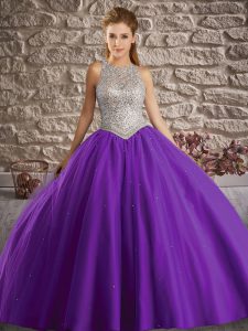 Brush Train Ball Gowns Quinceanera Dresses Purple Scoop Tulle Sleeveless Backless