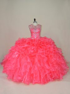 Modern Pink Sleeveless Beading and Ruffles Lace Up Quinceanera Gown