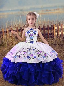 Floor Length Royal Blue Kids Pageant Dress Organza Sleeveless Embroidery and Ruffles