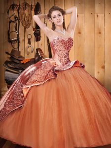 Orange Red Sweetheart Neckline Beading and Embroidery 15th Birthday Dress Sleeveless Lace Up