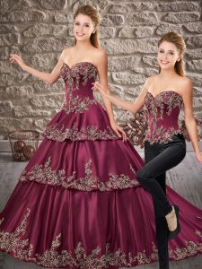 Sleeveless Satin Brush Train Lace Up Sweet 16 Dress in Burgundy with Appliques