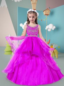 Purple Ball Gowns Tulle Scoop Sleeveless Beading and Ruffles Floor Length Zipper Little Girls Pageant Dress