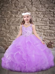 Perfect Tulle Straps Sleeveless Sweep Train Lace Up Beading and Ruffles Pageant Dress for Womens in Lavender