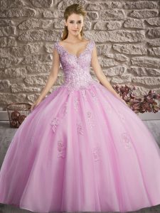 Lilac Lace Up Sweet 16 Quinceanera Dress Appliques Sleeveless Floor Length