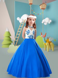 Royal Blue Ball Gowns Embroidery Little Girls Pageant Dress Zipper Chiffon Sleeveless Floor Length