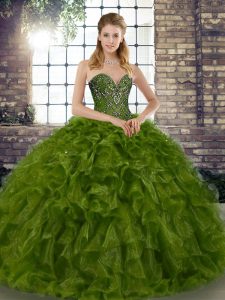 Decent Olive Green Sweetheart Lace Up Beading and Ruffles Sweet 16 Dress Sleeveless