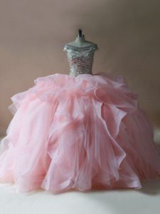 Elegant Pink Sleeveless Beading and Ruffles Lace Up Sweet 16 Quinceanera Dress