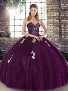 Dark Purple Lace Up Sweet 16 Dress Beading and Appliques Sleeveless Floor Length