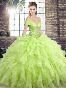Amazing Sleeveless Beading and Ruffles Lace Up Quinceanera Gowns with Yellow Green Brush Train