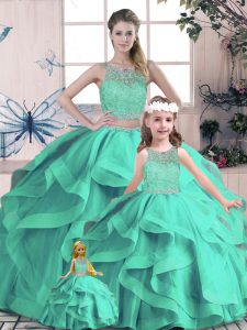 Floor Length Turquoise Quinceanera Dresses Tulle Sleeveless Beading and Lace and Ruffles