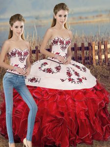Floor Length Two Pieces Sleeveless White And Red Sweet 16 Dress Lace Up