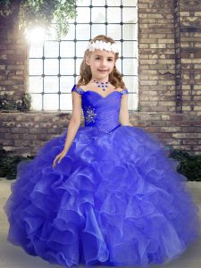 Simple Sleeveless Organza Floor Length Lace Up Child Pageant Dress in Blue with Beading and Ruffles and Ruching