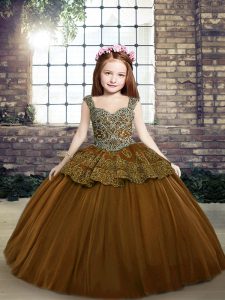 Floor Length Brown Little Girls Pageant Dress Wholesale Tulle Sleeveless Beading and Appliques