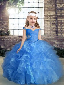 Popular Blue Sleeveless Beading and Ruching Floor Length Girls Pageant Dresses